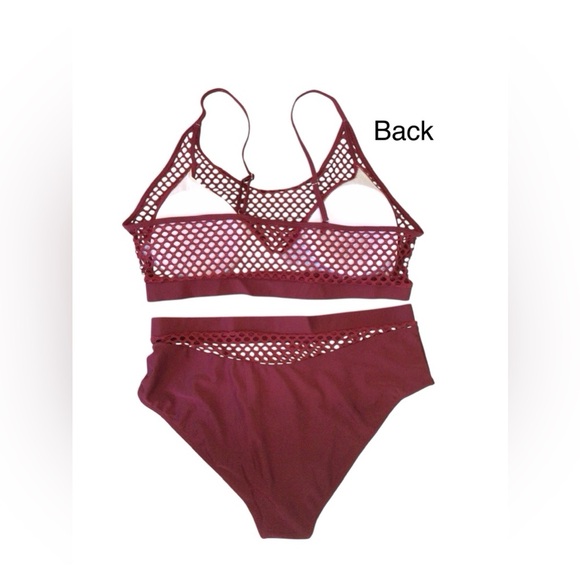 Women’s 2pc Plus Size Burgundy Red Mesh Fishnet High Waisted Bikini Set Size 3XL - Picture 5 of 9